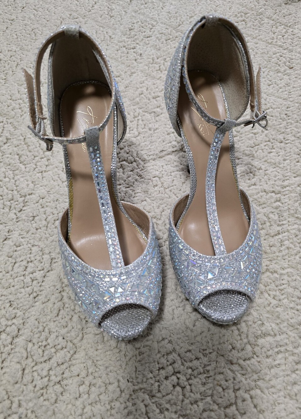 Thalia Sodi Silver Glitter T-Strap Peep-Toe Heels